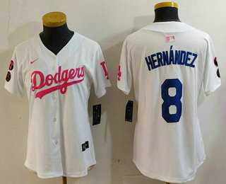 Womens Los Angeles Dodgers #8 Kike Hernandez White Pink With Patch Limited Stitched Jersey